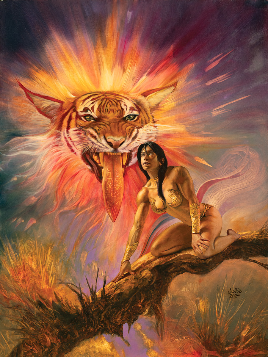 A painting of a tiger's head above a warrior woman in a tree.