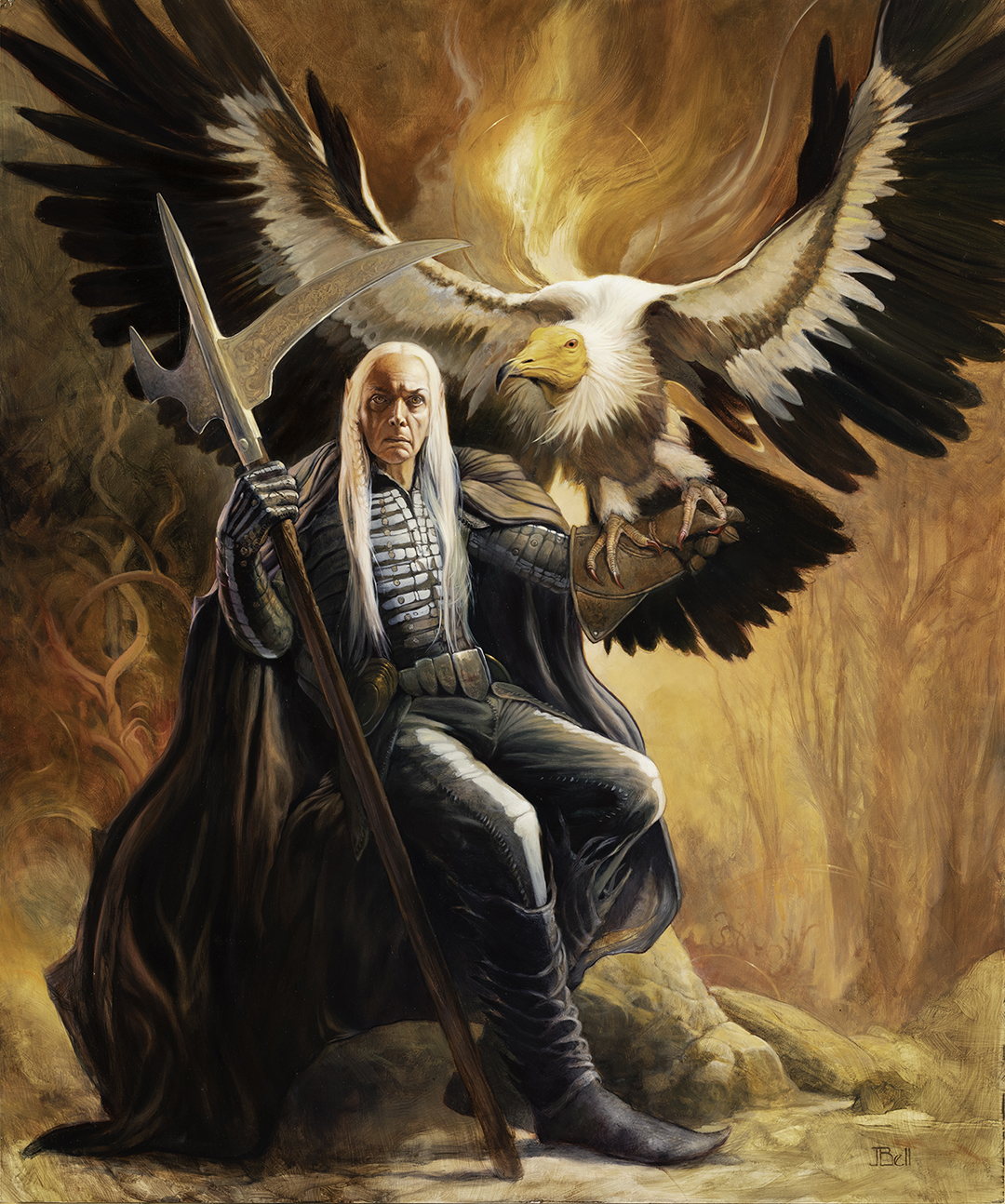 An older male elf sits on a rock holding a scythe with an eagle on its arm.