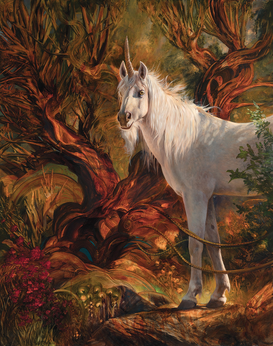 A white unicorn in front of a gnarled tree.