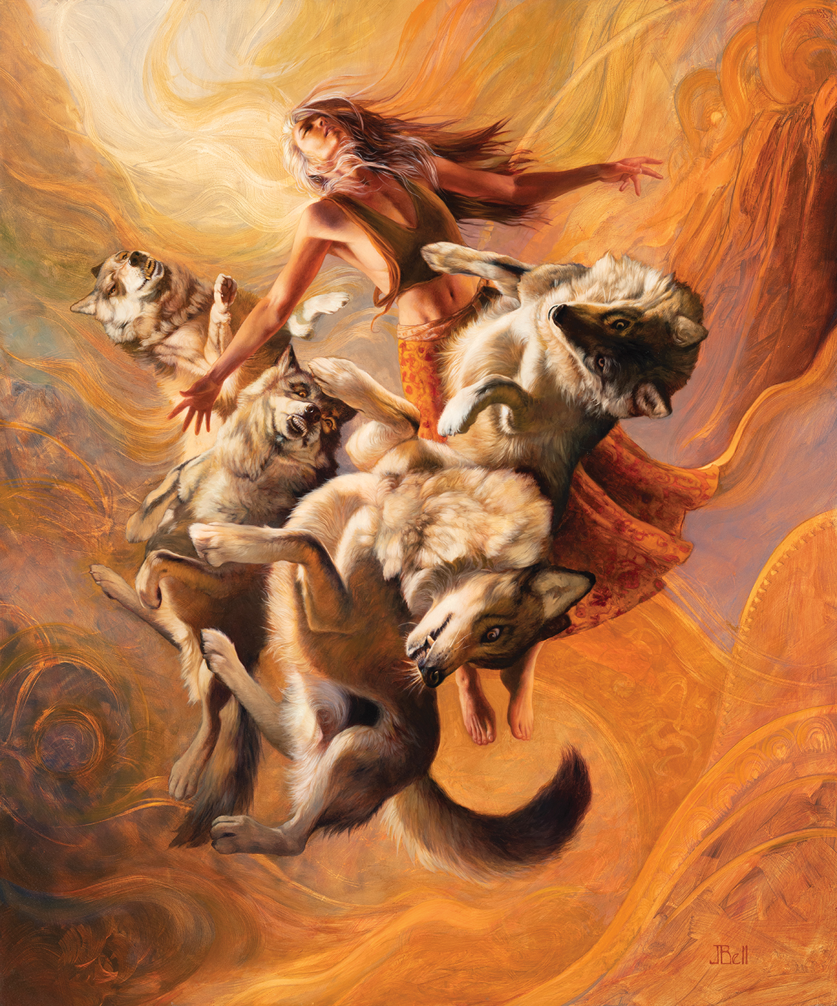 A pack of wolves floating in an orange sky with a long-haired woman.