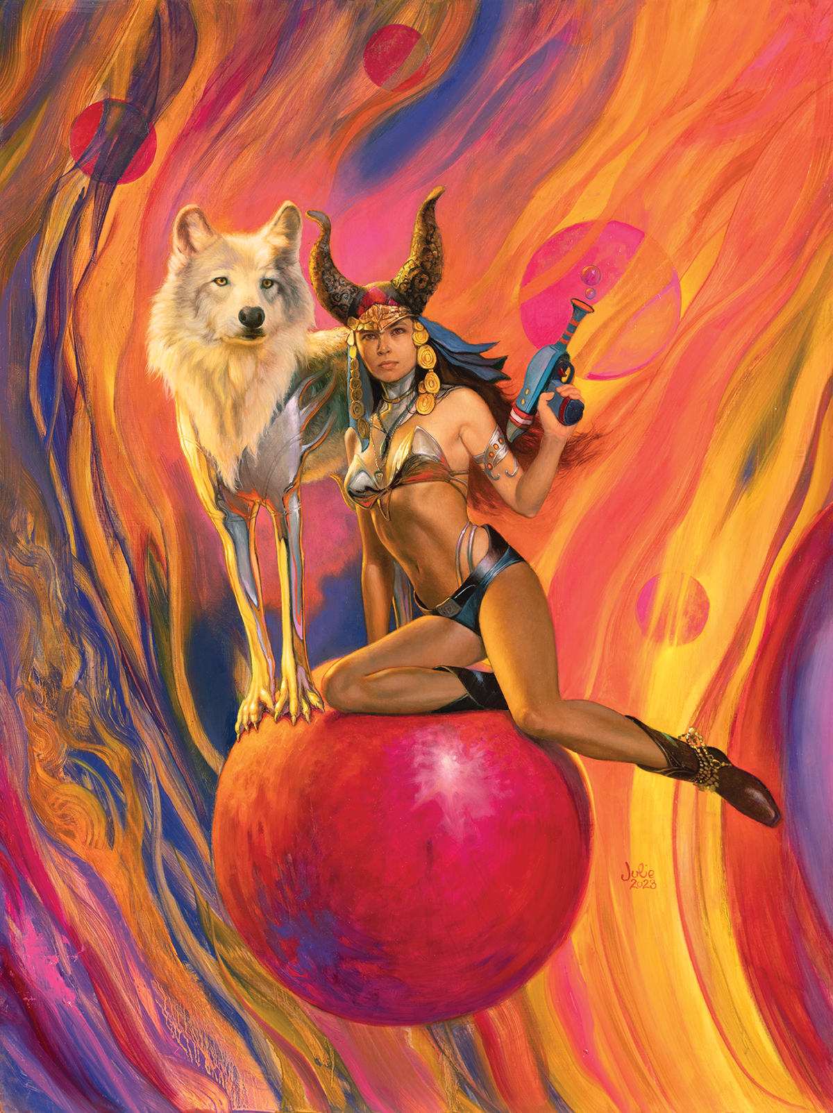 Pirate Queen riding a red bubble with a white wolf.