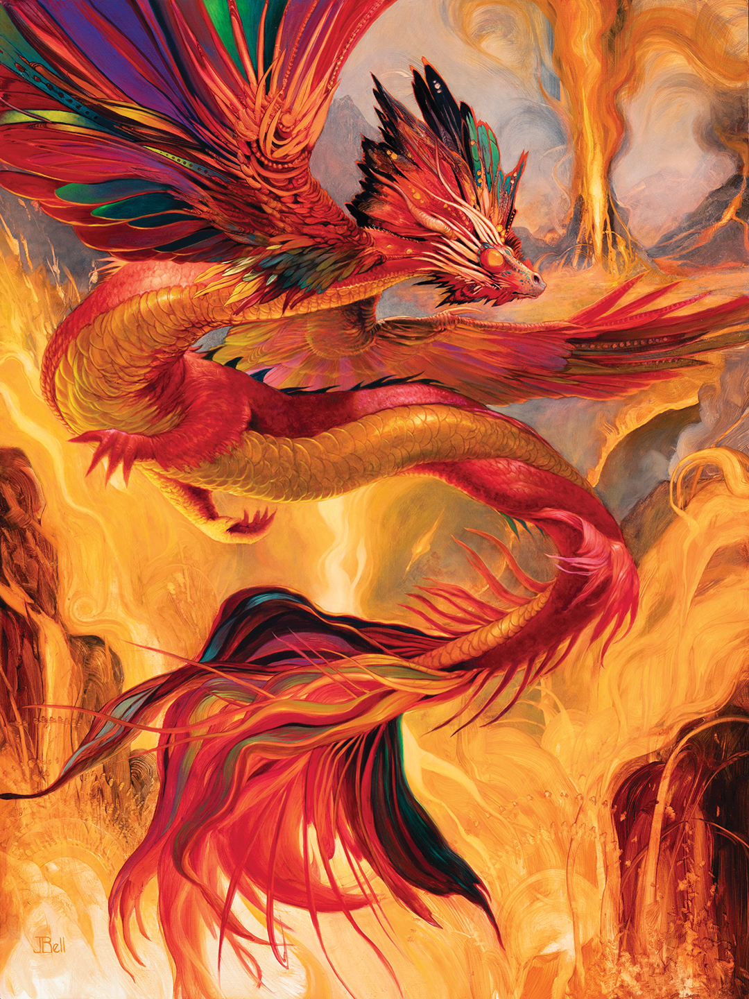 A beautiful red, orange and gold dragon surrounded by fire.