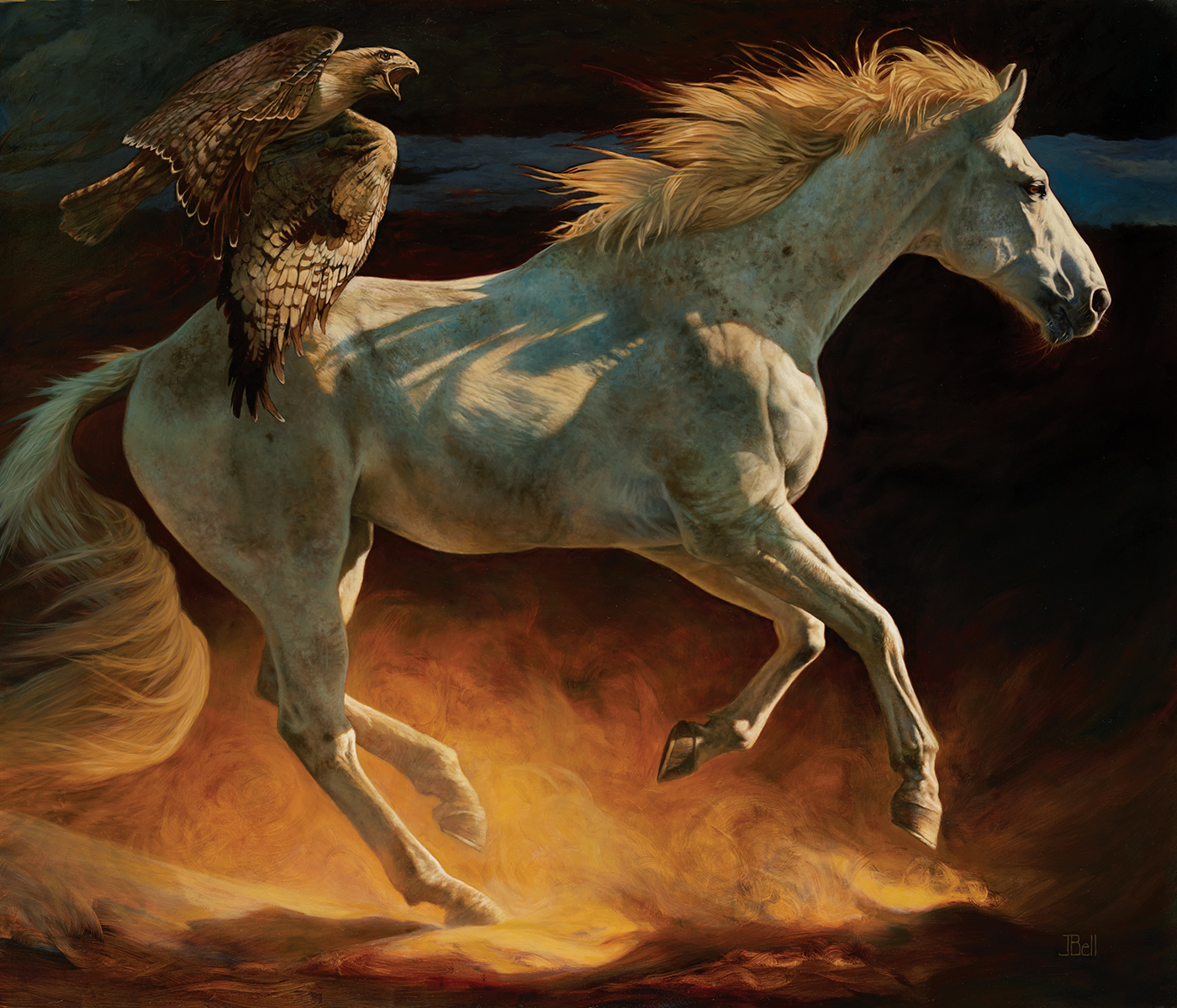 Painting of a hawk riding a white horse. 