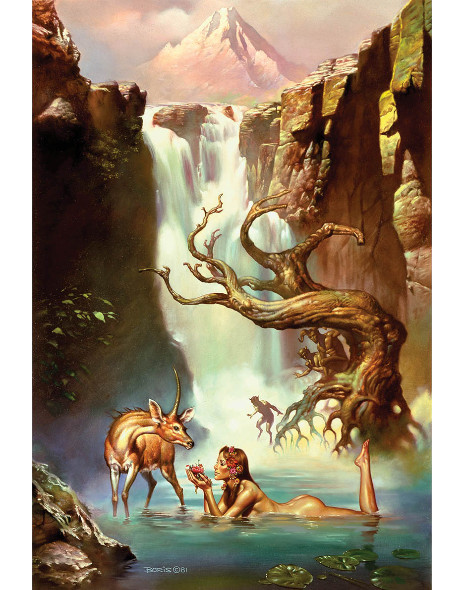 A woman lounging in a waterfall pool with a deer and a twisted tree nearby.