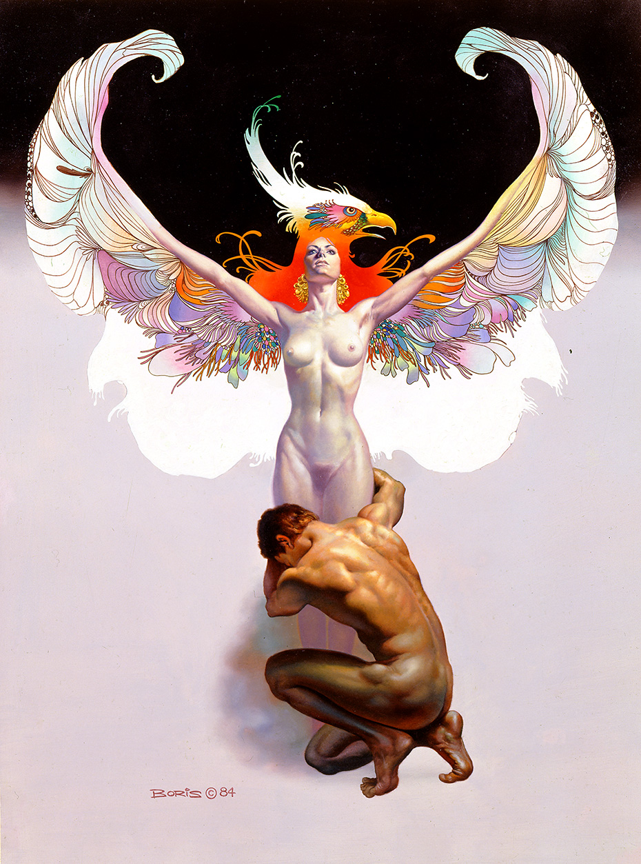 A naked woman with vibrant wings being held down by a naked man.