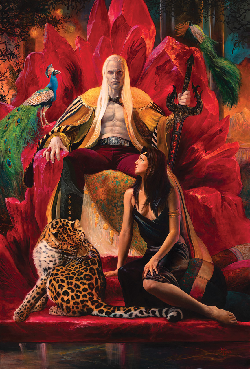 A King sitting in a red crystal throne with a woman and cheetah at his feet.