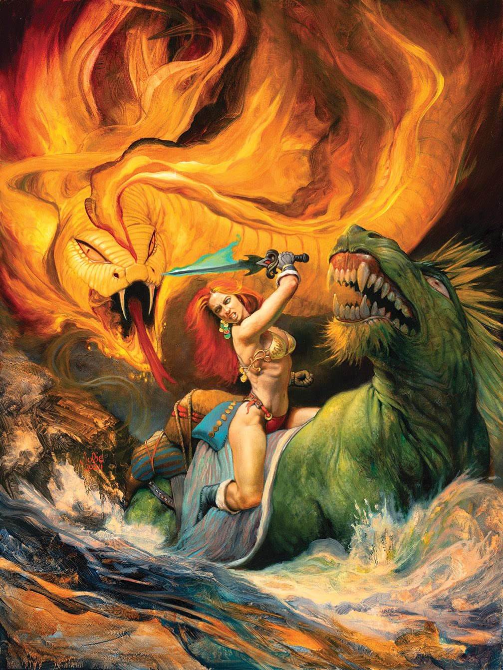 A woman warrior riding a sea creature while fighting off a fire snake.